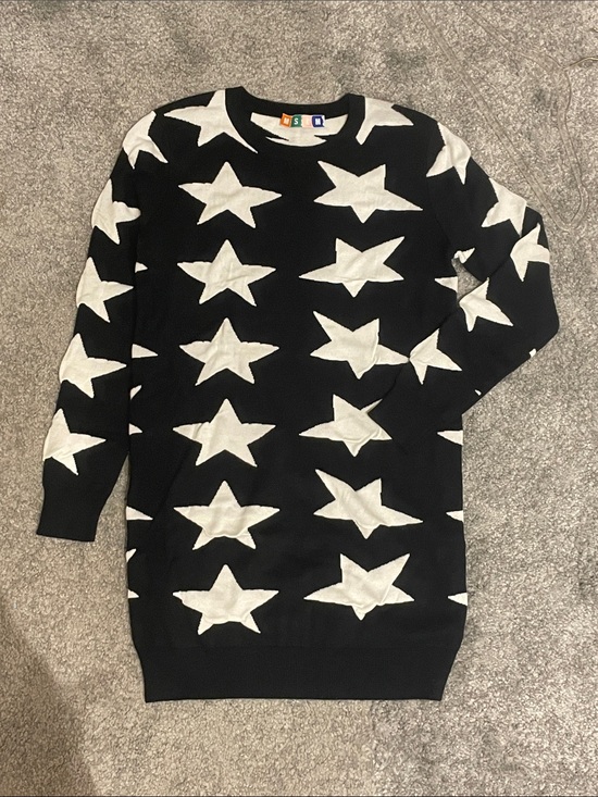 MSGM Sweaters - MSGM Black Crewneck Sweater Dress with White Star Print New